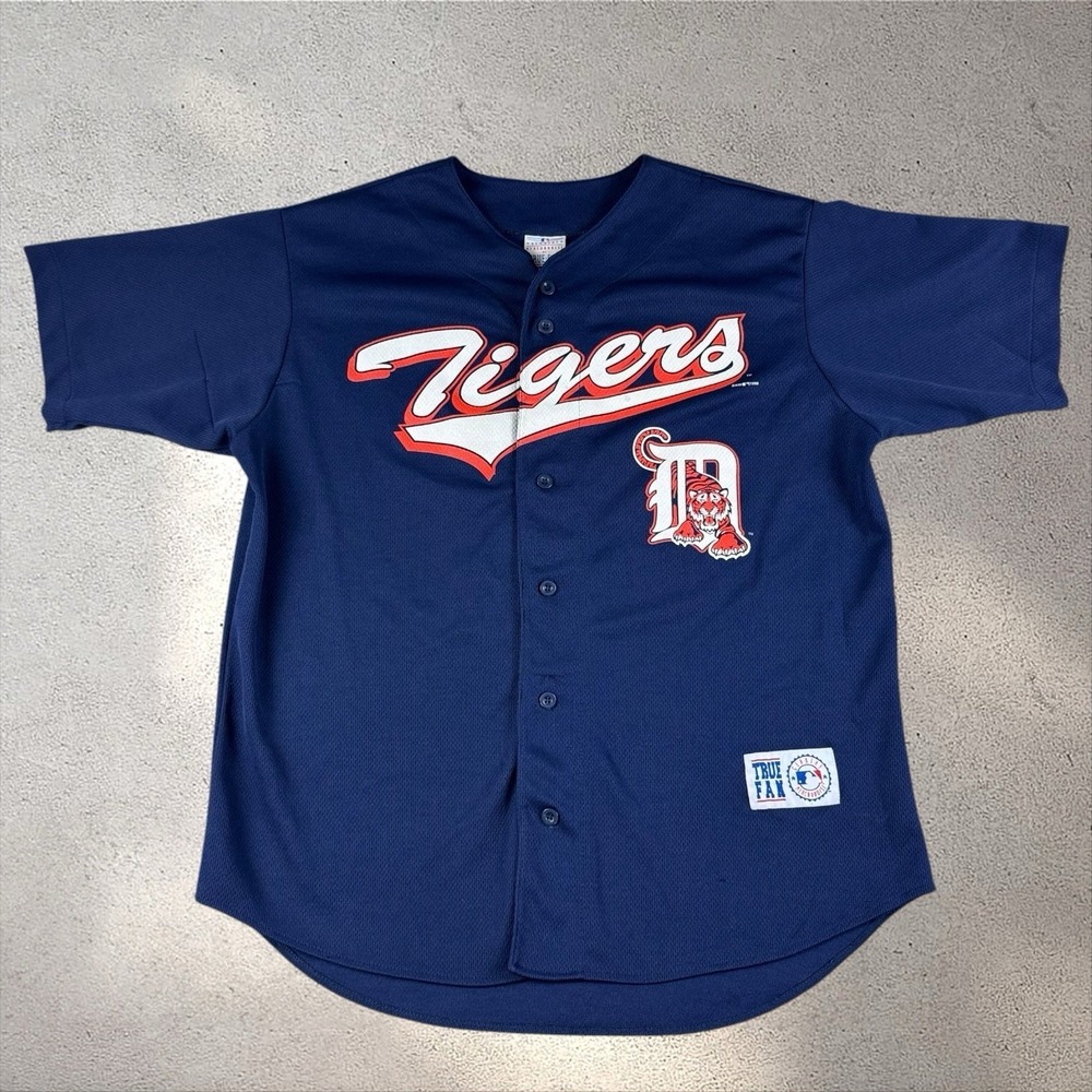 Vintage 90s Detroit Tigers Tony Clark #17 Jersey Navy Blue True Fan Mens Large‎